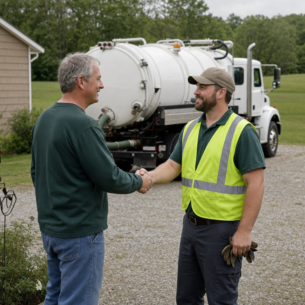 A septic technician shaking a Richmond Hill homeowner's hand beside the service truck after a completed pump-out
