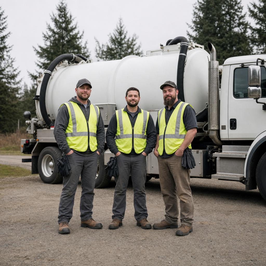 The Richmond Hill septic pumping crew standing together beside their clean white vacuum truck on a residential street