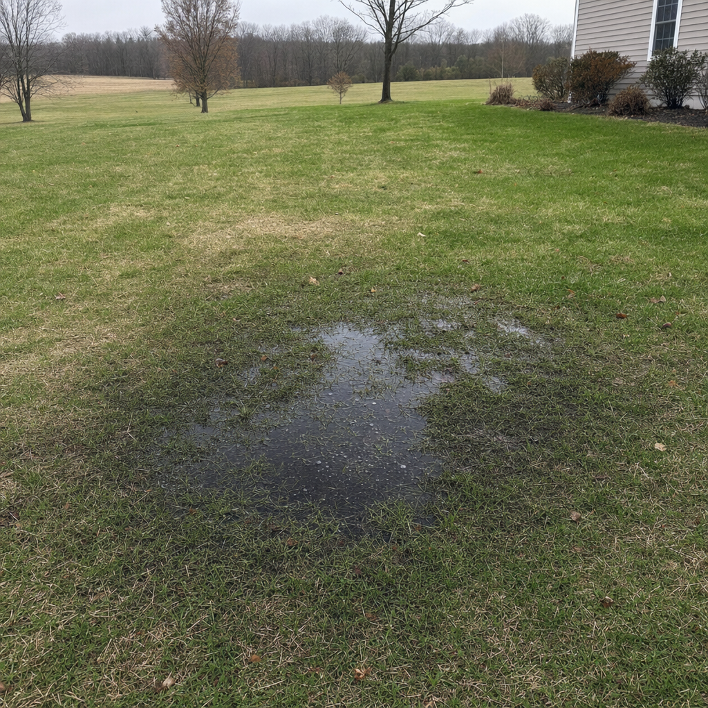 A dark, saturated wet spot in a Richmond Hill backyard lawn marking a failing cesspool at capacity