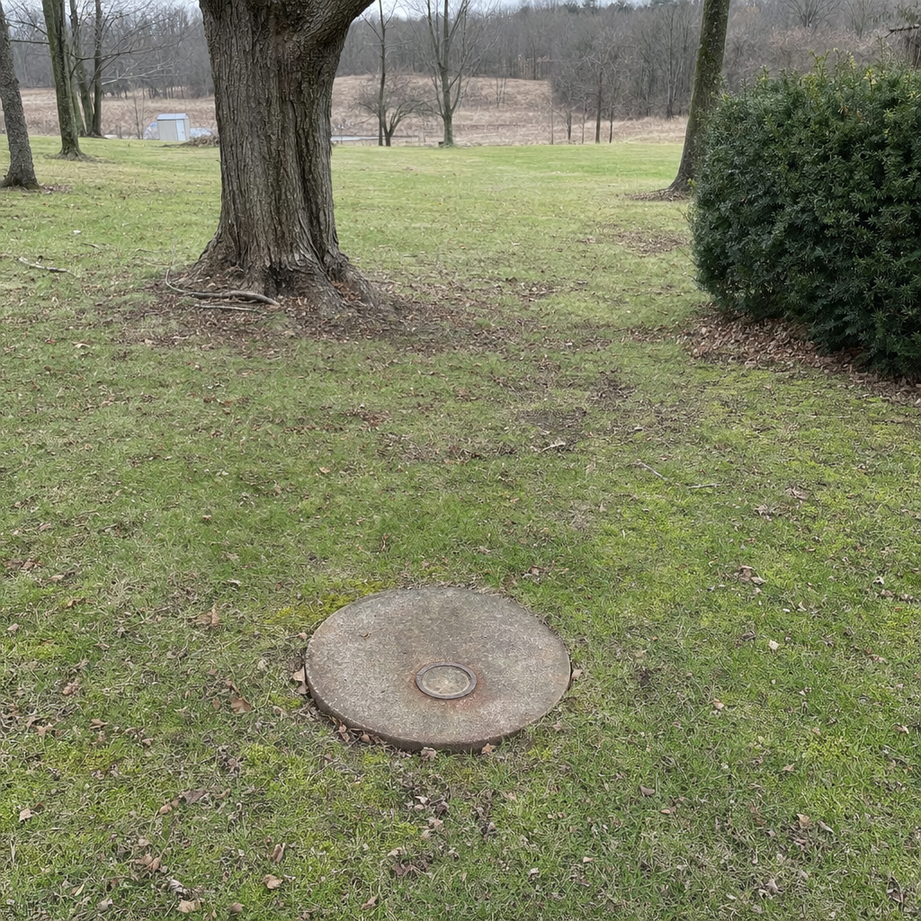 An older round cesspool access lid set flush in an established, mature Richmond Hill backyard lawn