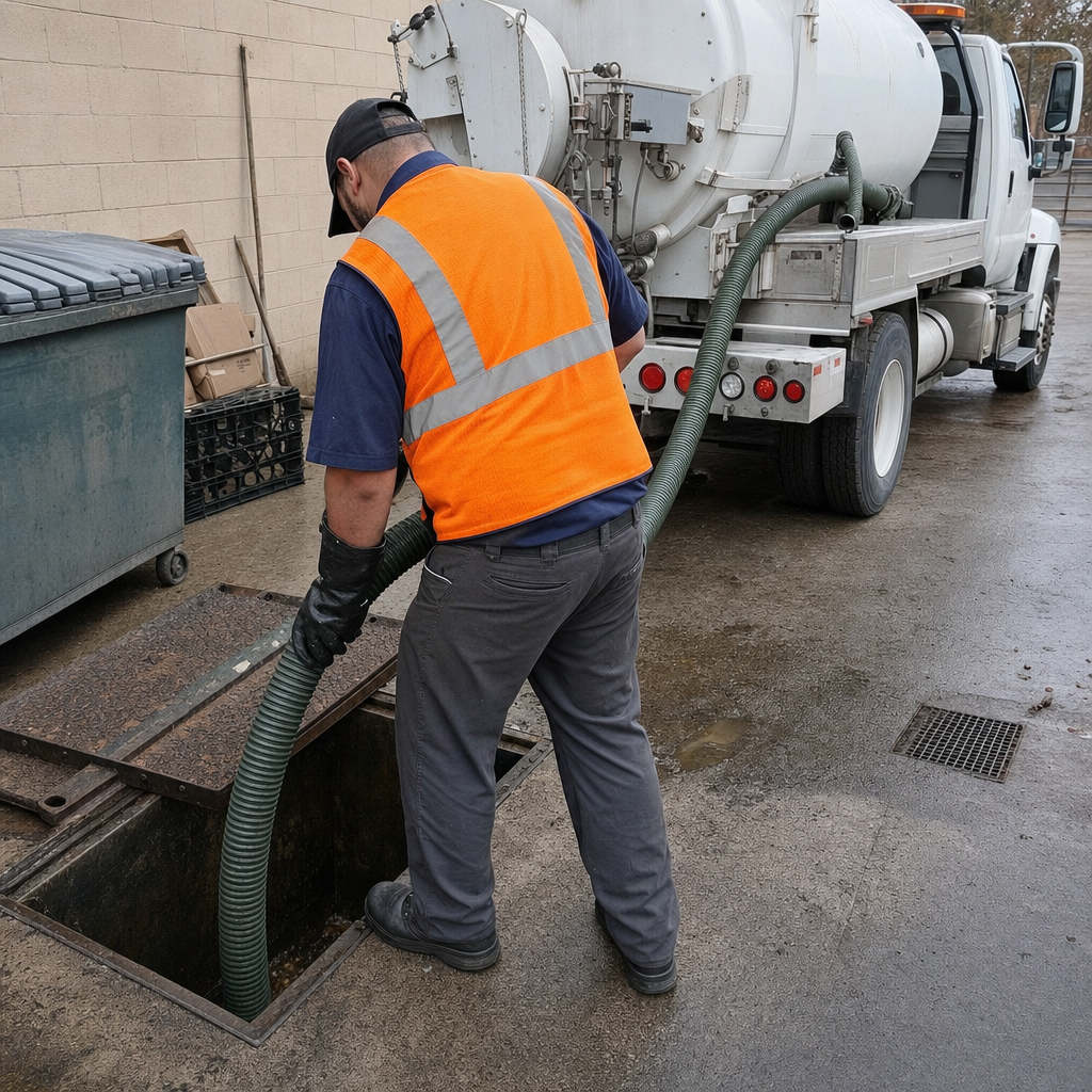 Technician pumping a grease trap behind a Richmond Hill restaurant