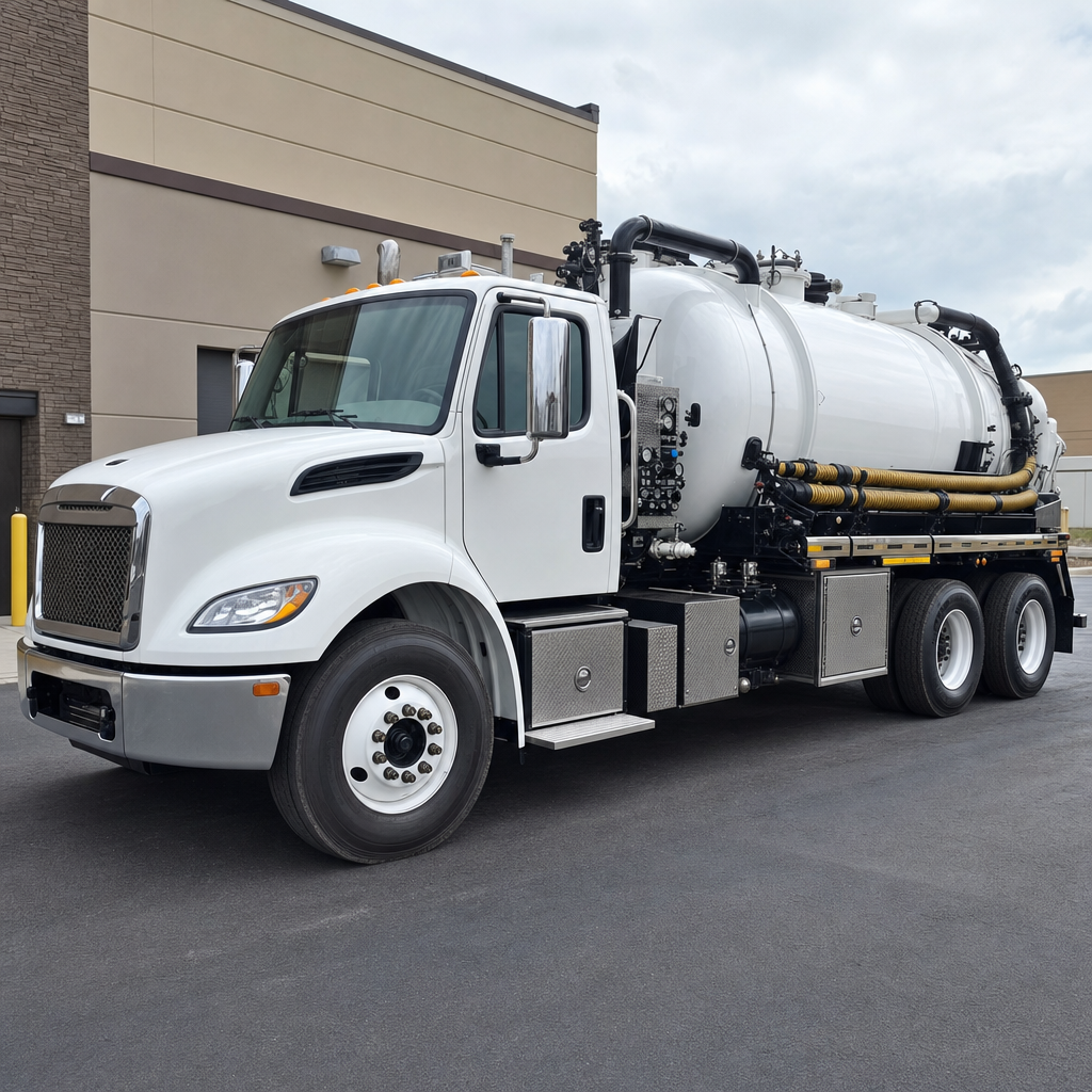Commercial septic vacuum truck parked in a Richmond Hill business parking lot