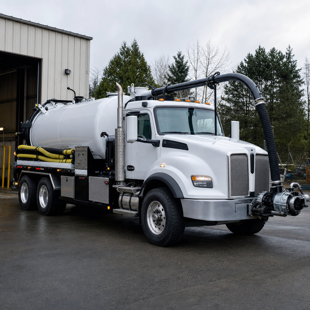 A clean white septic vacuum truck rolling out of a tidy Richmond Hill service depot at the start of the day