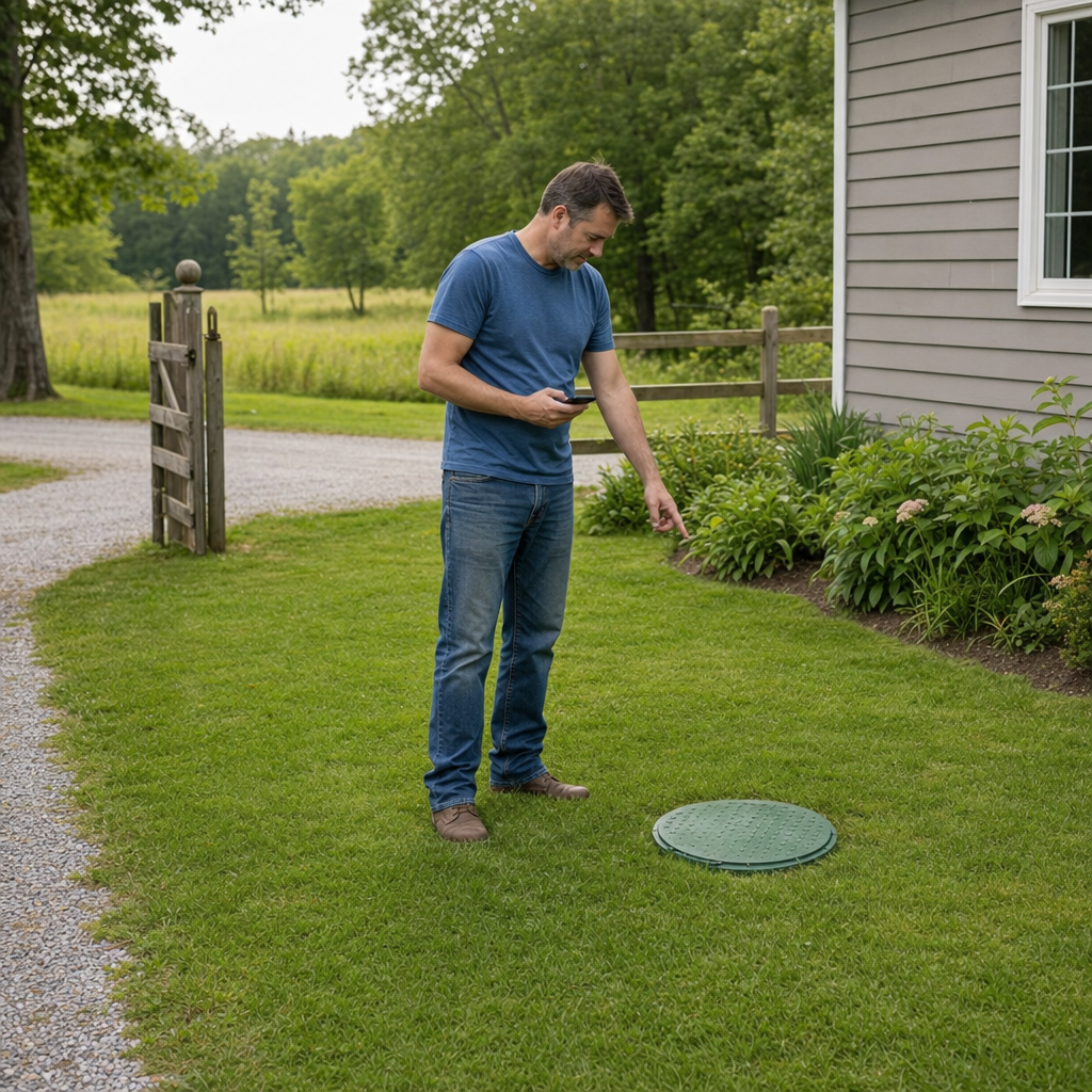 A Richmond Hill-area homeowner standing in the backyard noting where the septic tank lid and access route are located