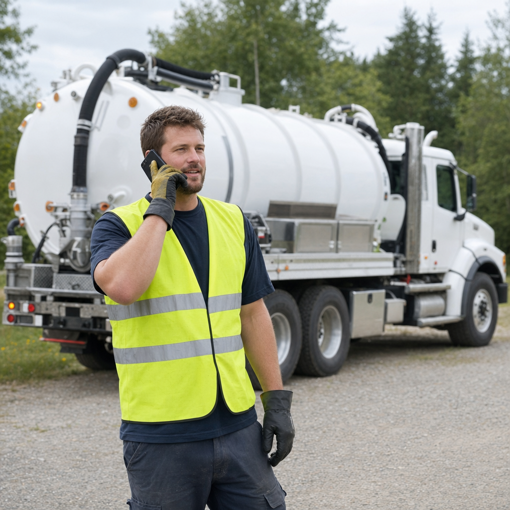 A friendly septic dispatcher holding a phone, ready to answer a Richmond Hill homeowner's call about a pump-out