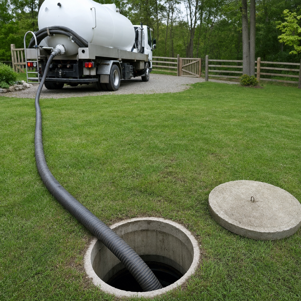 Suction hose connected to an open septic tank, drawing it down in a tidy Richmond Hill yard