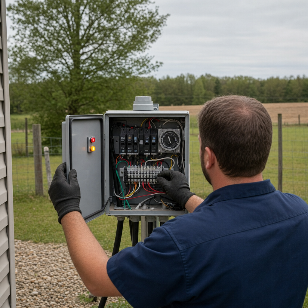 Technician checking an aerobic septic control box with a lit red high-water alarm during a same-day Richmond Hill visit