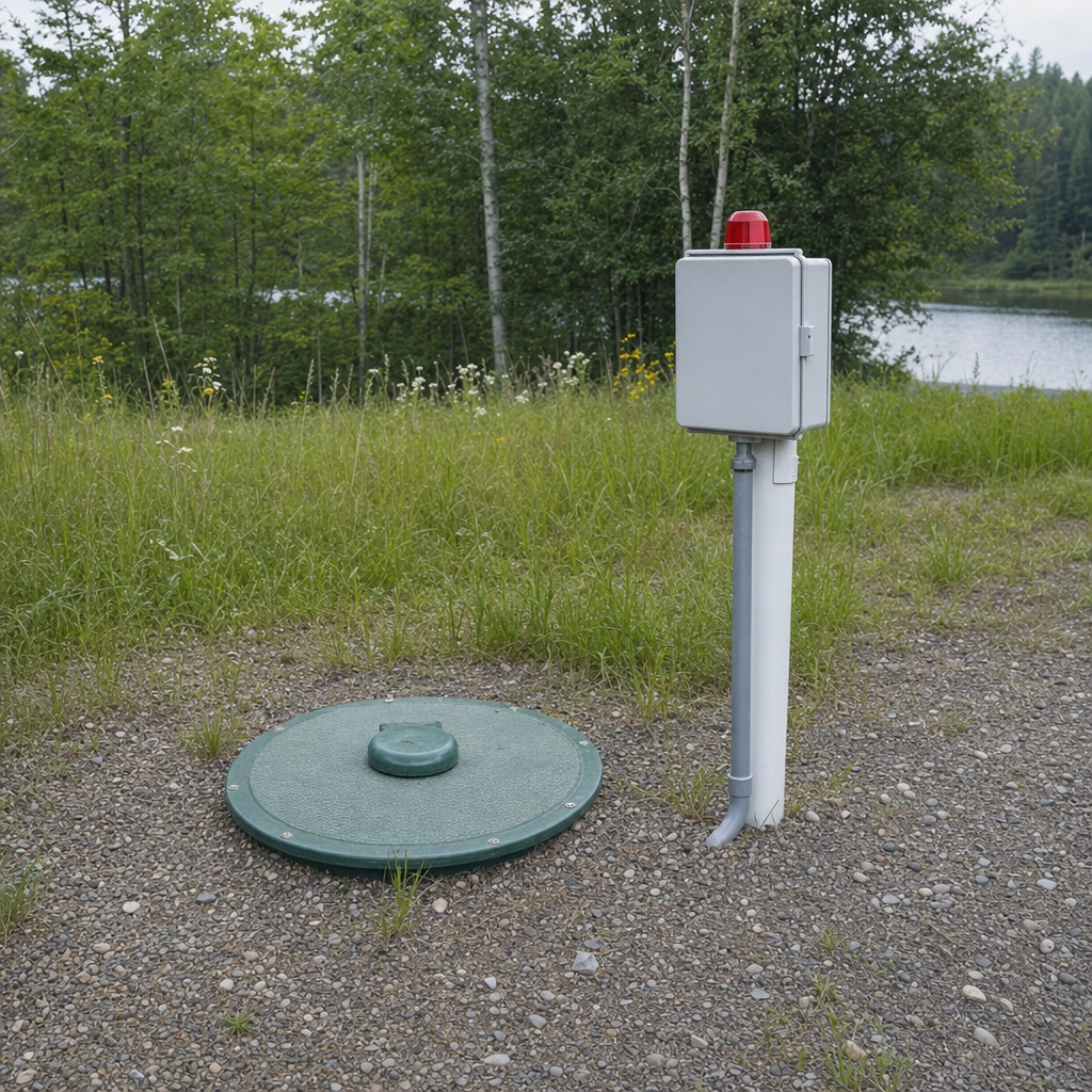 A wastewater holding tank access lid set in the ground at a rural Richmond Hill-area cabin, with a mounted high-level float alarm panel nearby