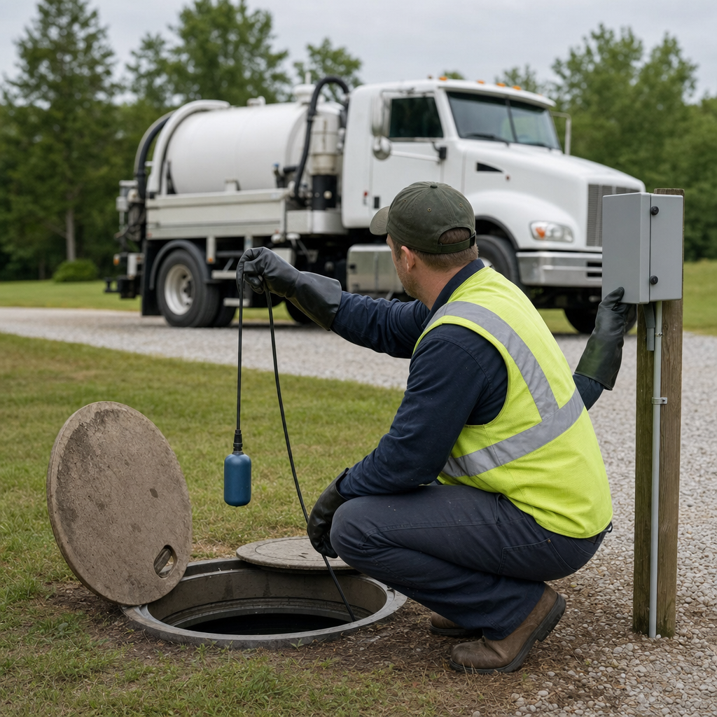 A septic technician in a high-visibility vest checking a high-level float switch and alarm panel on a holding tank at a rural Richmond Hill-area site