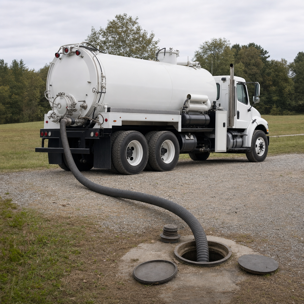 An unmarked white vacuum truck emptying a wastewater holding tank on a scheduled visit at a rural Richmond Hill-area property, thick suction hose running to the tank lid