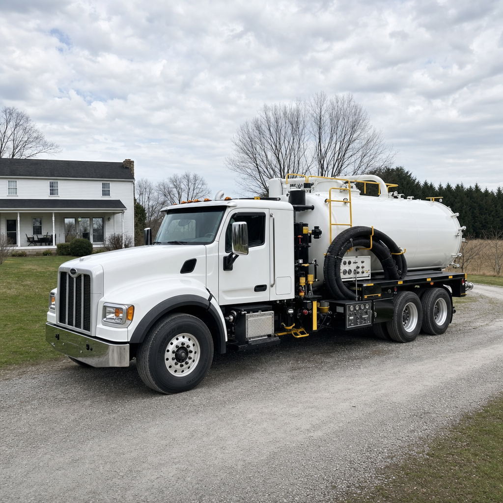 A clean white septic vacuum truck parked on a tidy Richmond Hill driveway with the suction hose neatly coiled
