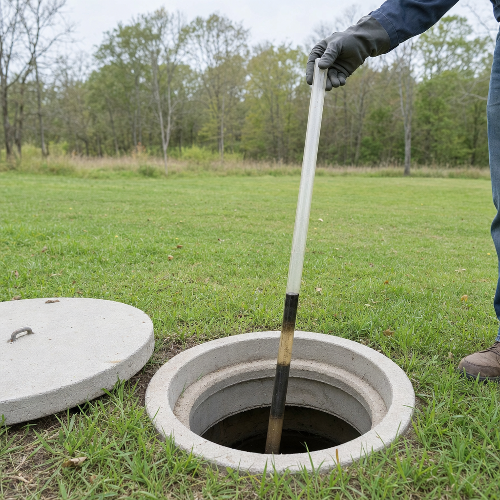 A septic sludge-judge measuring stick lowered into an open Richmond Hill septic tank to read the depth of the sludge and scum layers before deciding whether a pump-out is due