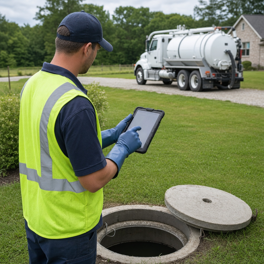 A septic technician recording a Richmond Hill home's pump-out date and tank condition on a tablet beside an open access lid, tracking the service history that sets the next due date