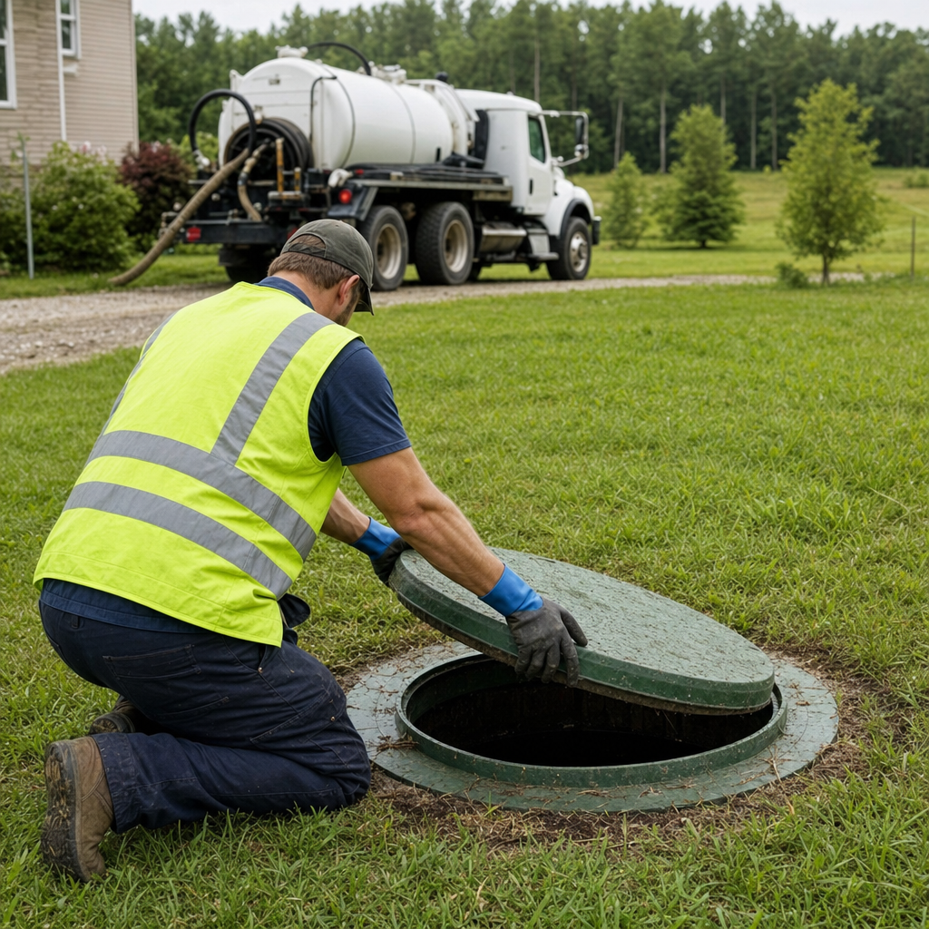 Septic technician kneeling on a Richmond Hill lawn, lifting the access lid on a residential septic tank