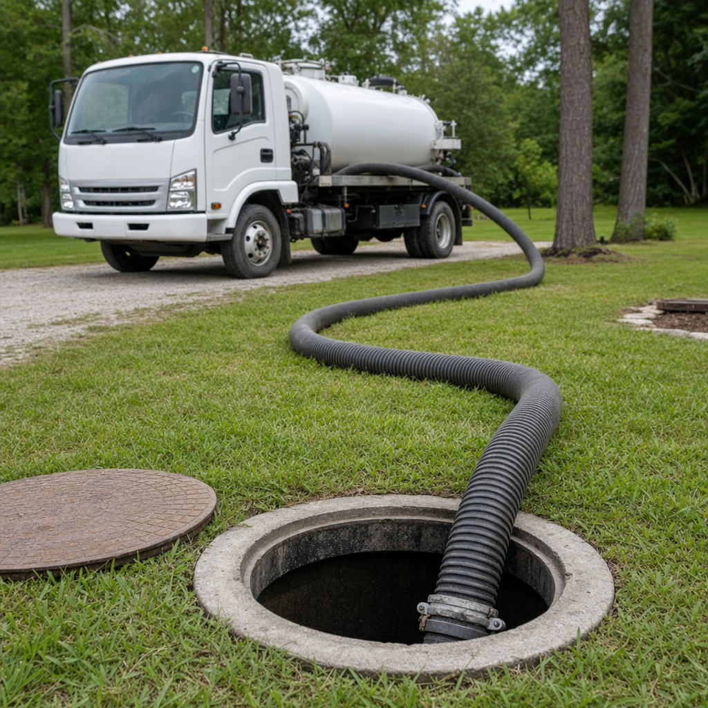 Thick ribbed suction hose lowered into a clean open septic tank port on a tidy Richmond Hill backyard lawn