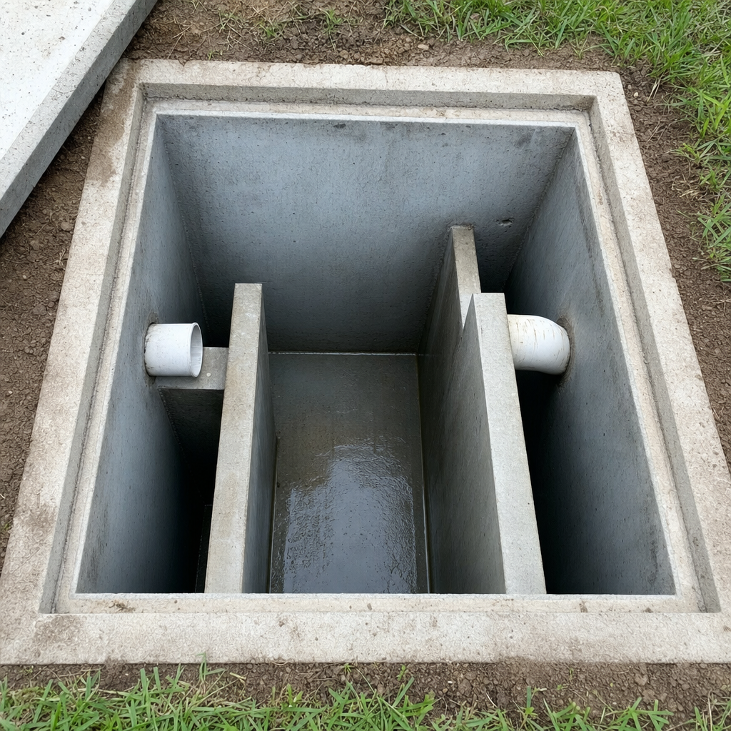 Inspection of the concrete baffles inside an open, emptied and freshly cleaned Richmond Hill septic tank