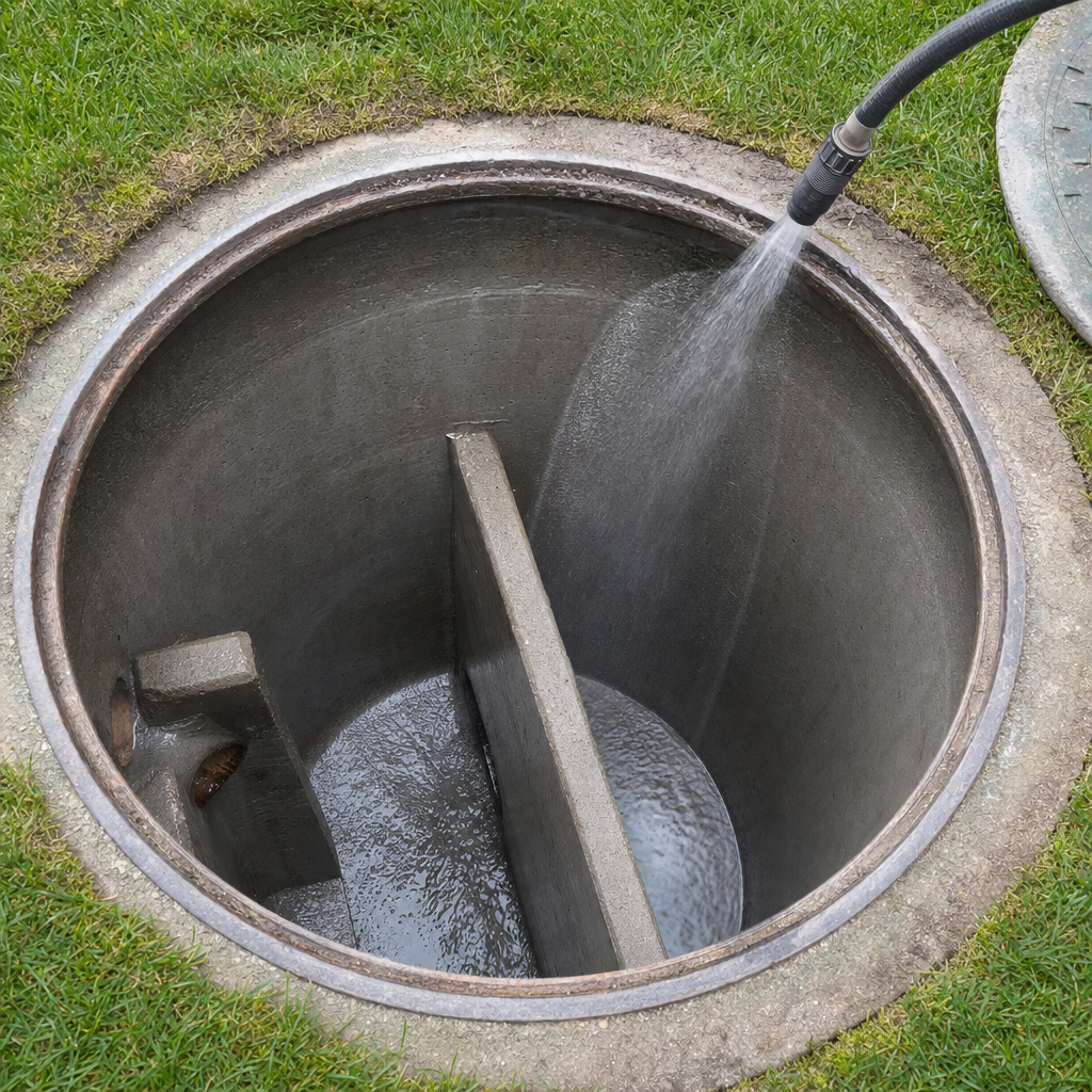 Interior concrete walls of an emptied Richmond Hill septic tank being rinsed clean with the truck's onboard water hose