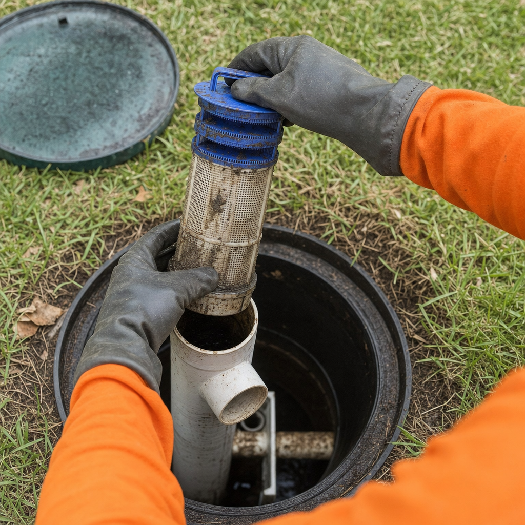 Septic technician's gloved hands lifting the effluent filter cartridge out of the outlet housing on a Richmond Hill septic tank