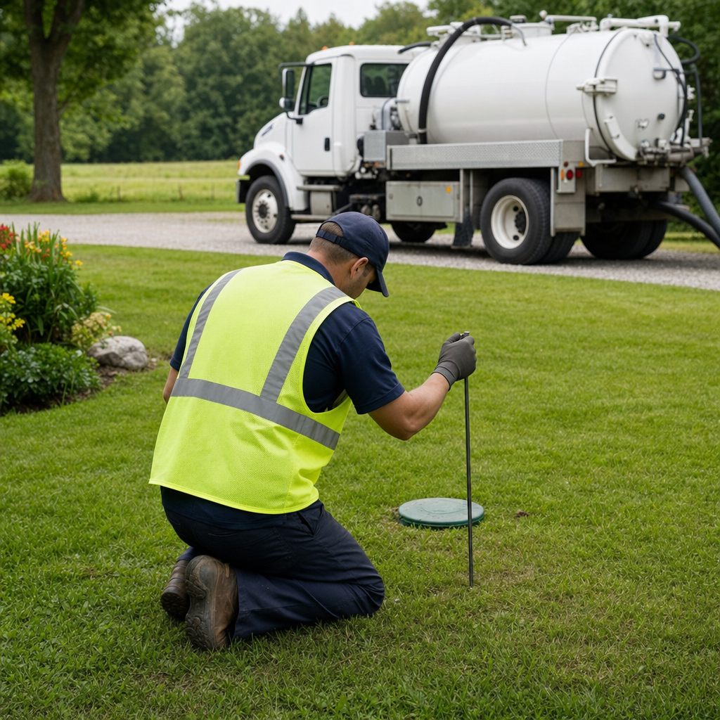 Septic technician kneeling on a Richmond Hill lawn, probing to locate and measure the depth of a buried septic tank lid before pumping