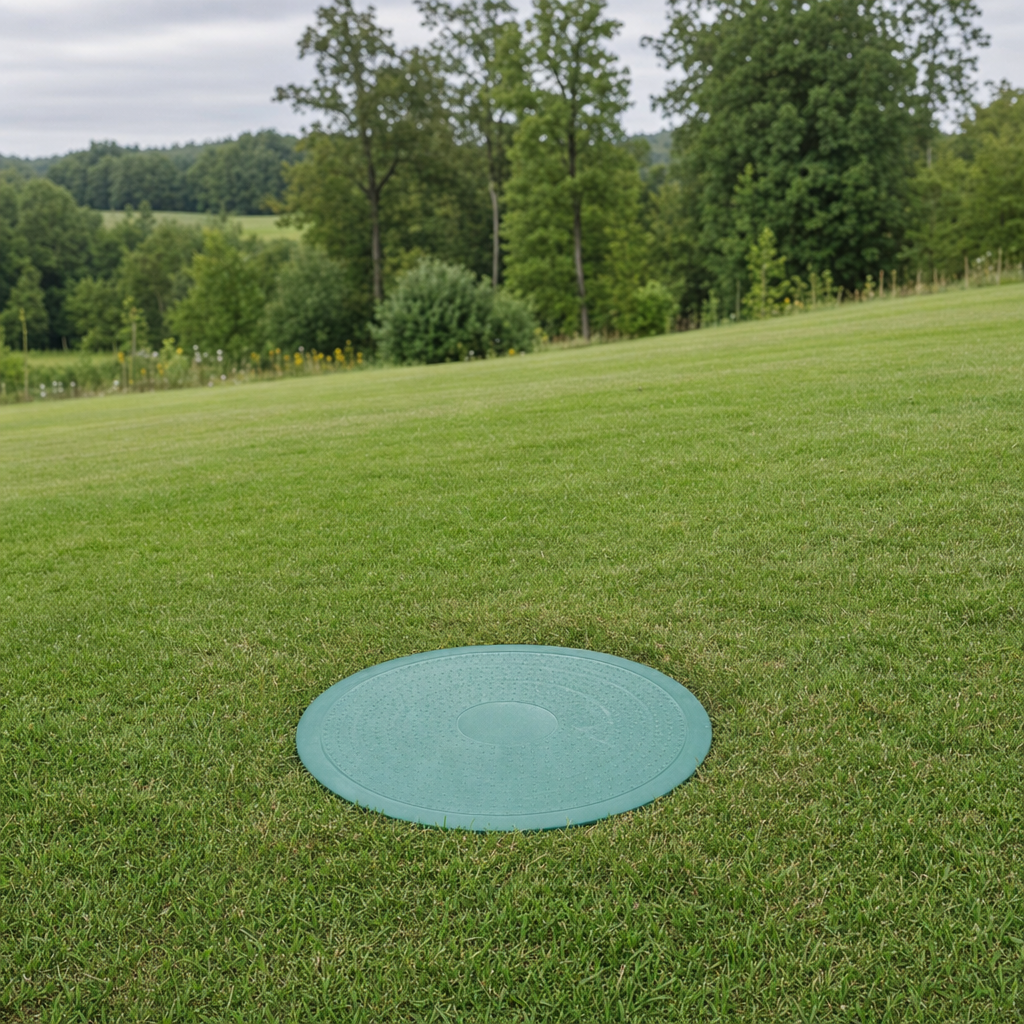 A newly installed septic riser bringing the tank lid up flush to grade in a Richmond Hill yard for easy future access