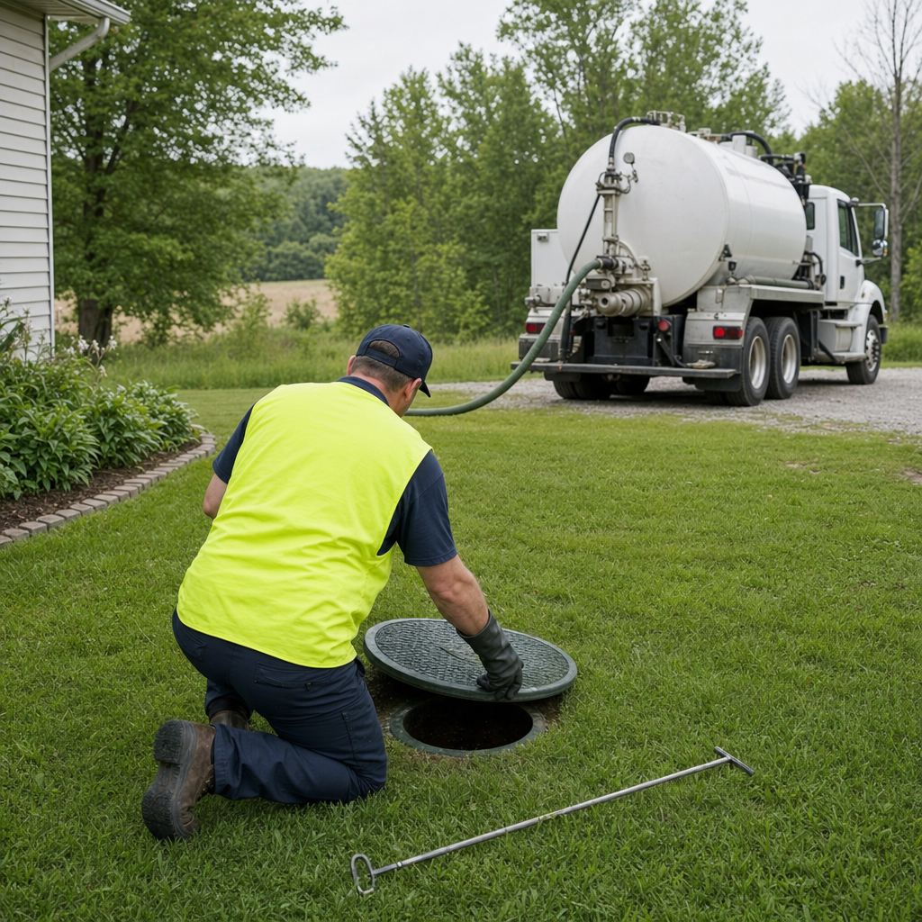 Septic technician kneeling on a Richmond Hill lawn, lifting the buried access lid on a residential septic tank