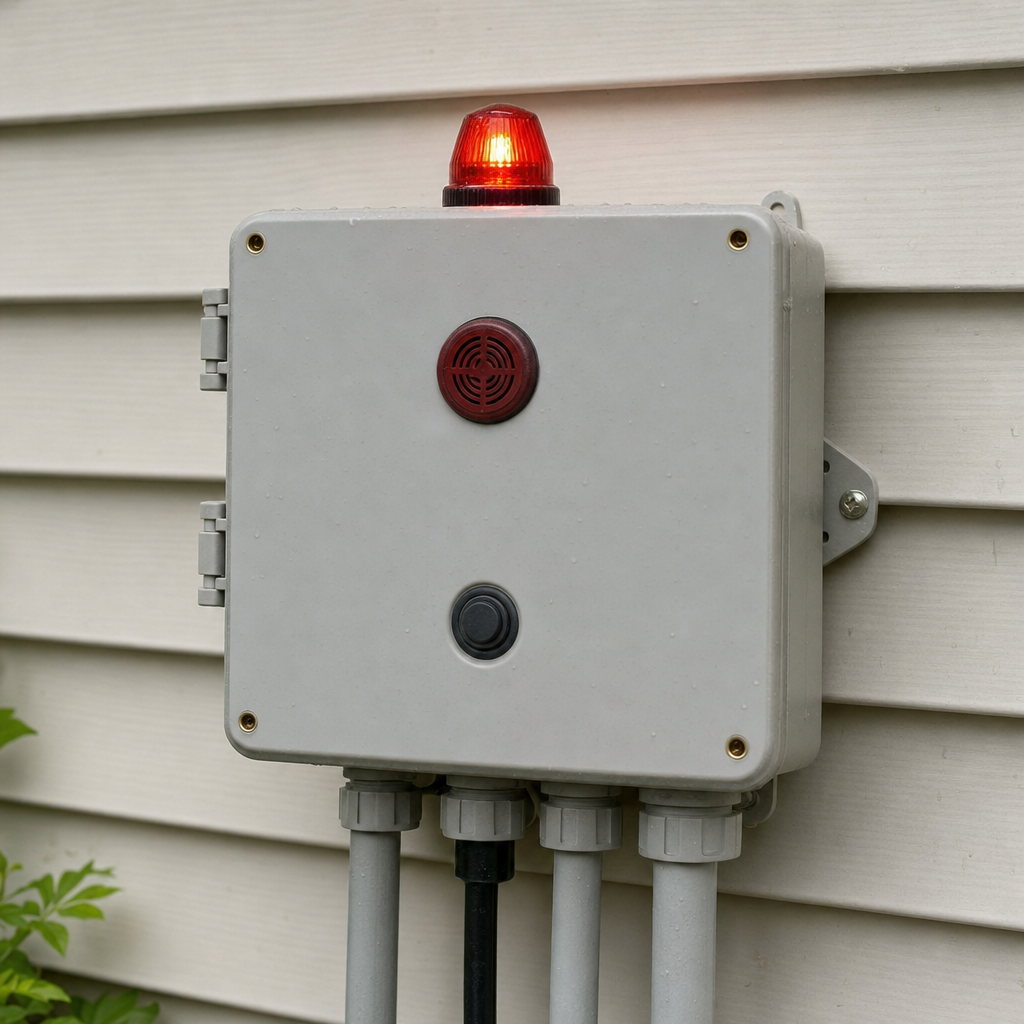 An aerobic septic system control panel mounted outside a Richmond Hill home with its red high-water alarm light lit