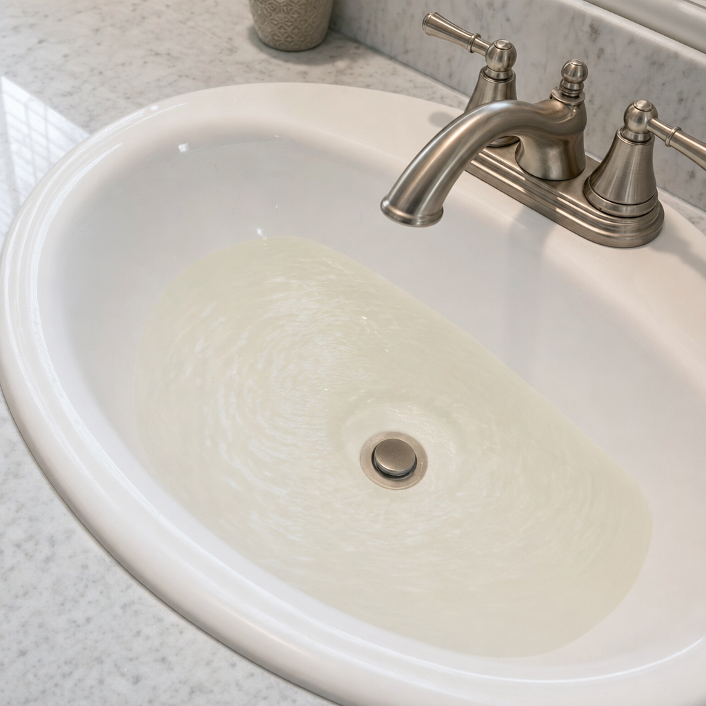 A bathroom sink draining slowly with water pooled in the basin, an early warning sign that a Richmond Hill septic tank is full